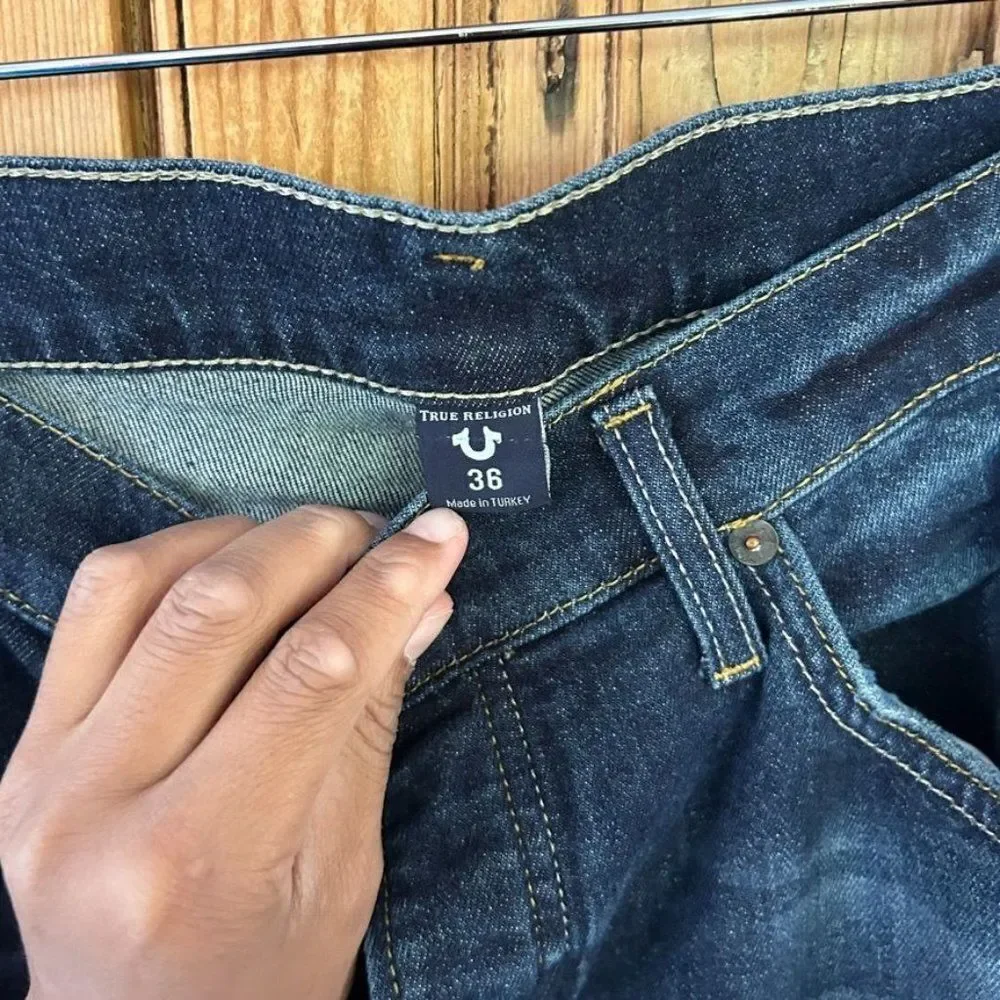 True Religion Men's 36 x 33 Rocco Relaxed Skinny Jeans Dark Wash Blue Denim Slim